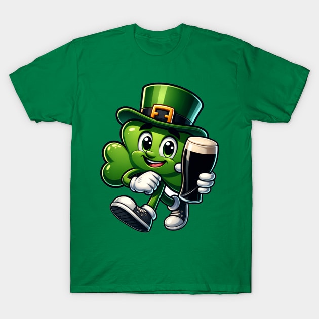 Irish Shamrock cartoon character holding a pint T-Shirt by pickledpossums